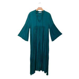 Pull&Bear Maxi Dress Womens Medium Green Bell Sleeve Pleated V-Neck Boho Peasant